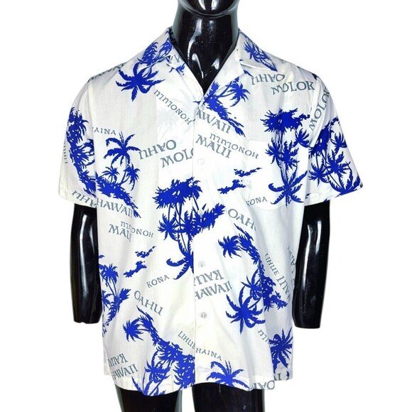 Vintage 60s Hilo Hattie White Blue Palm Tree Island Hawaiian Button-Down Shirt - Picture 2 of 9